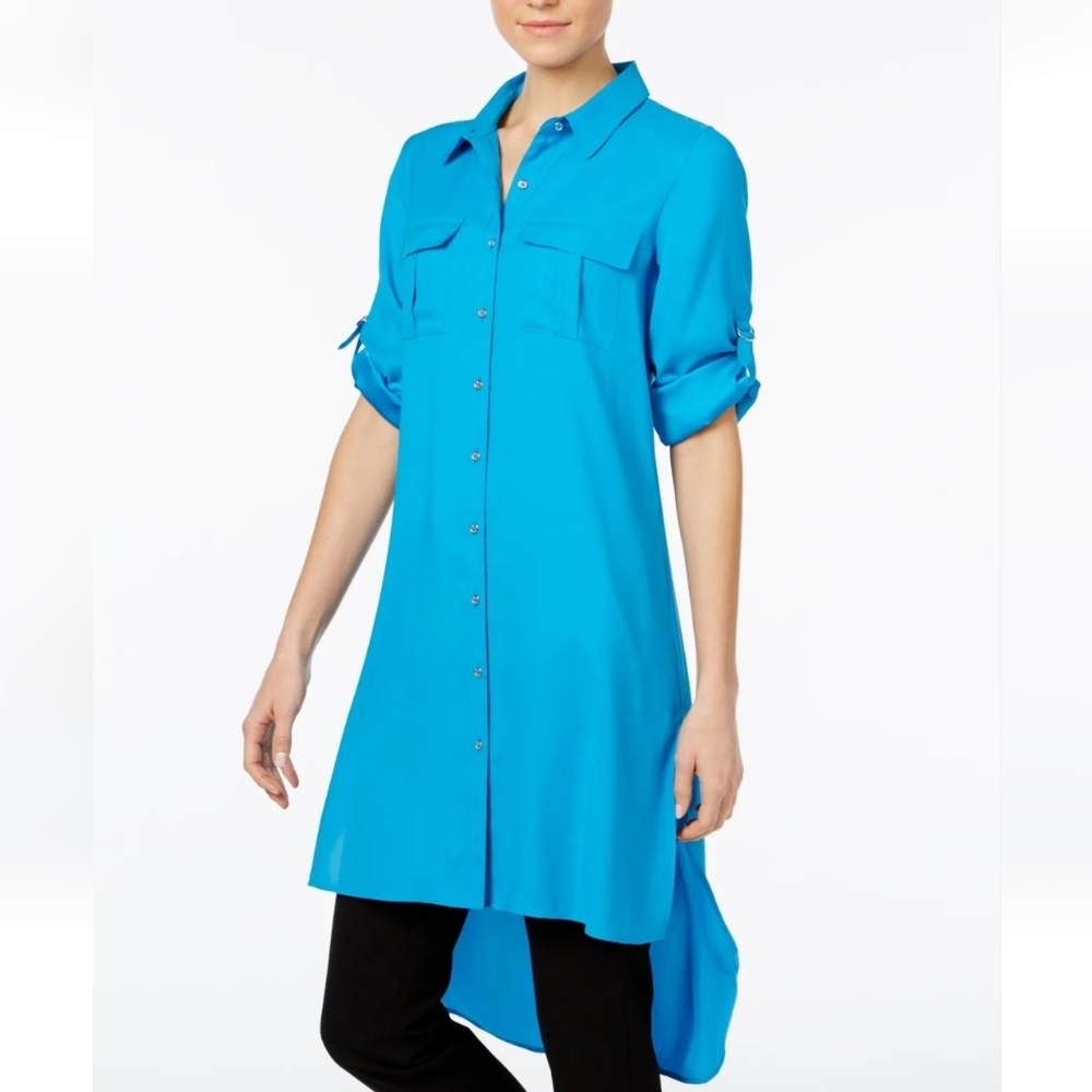 Calvin Klein Turquoise Blue Split-Side Tunic Shirt Dress Sz M Button Up Hi Low